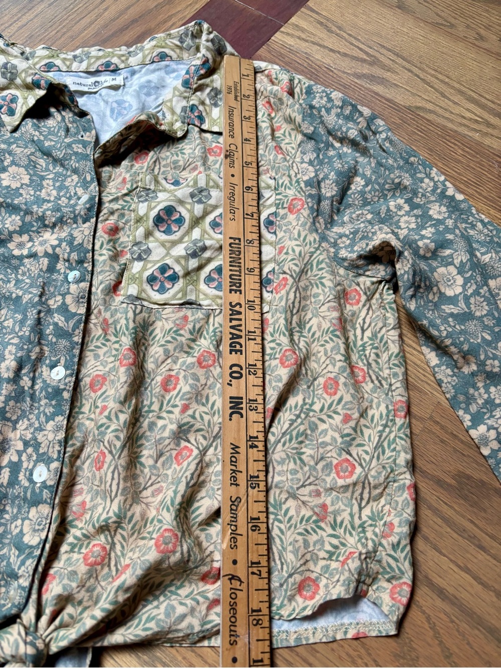 Natural Life Mixed Print Tie Front Button Up Blouse Size M Boho Floral Patchwork - Picture 8 of 9